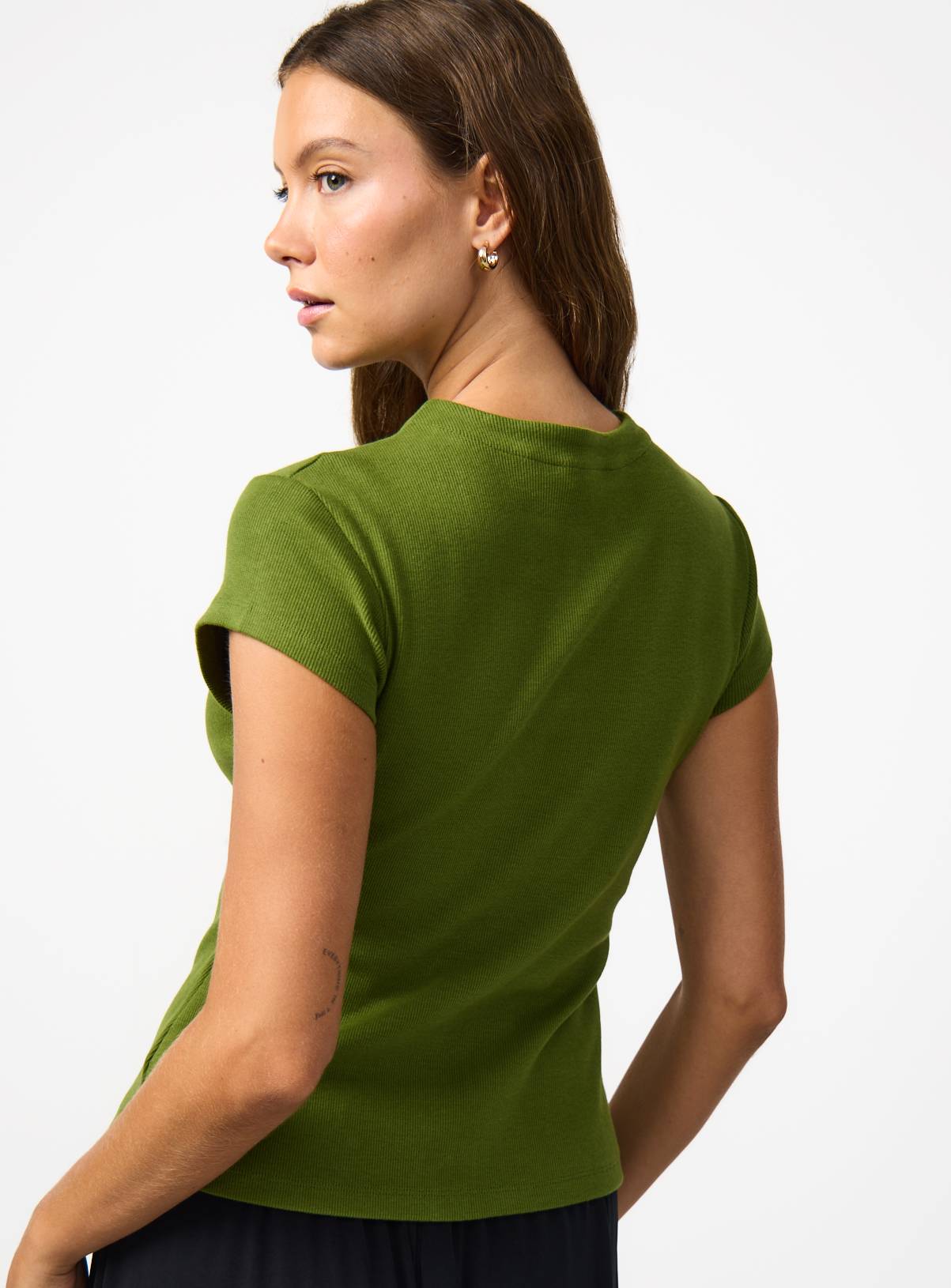 Green Button Through Capped Sleeve Ribbed T-Shirt 26 - Image 4