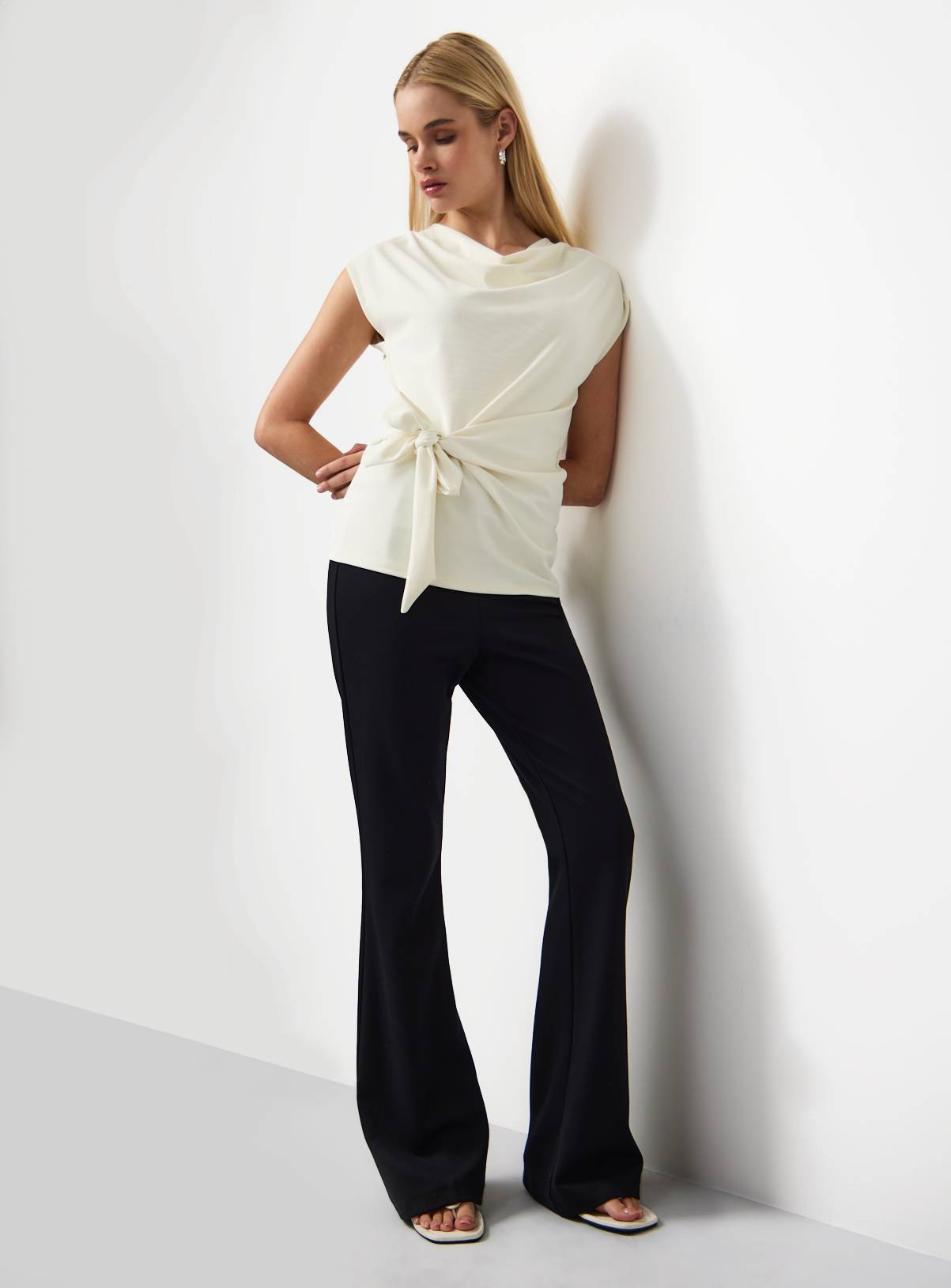 Cream Drapey Sleeveless Side Tie Detail Top 6 - Image 2