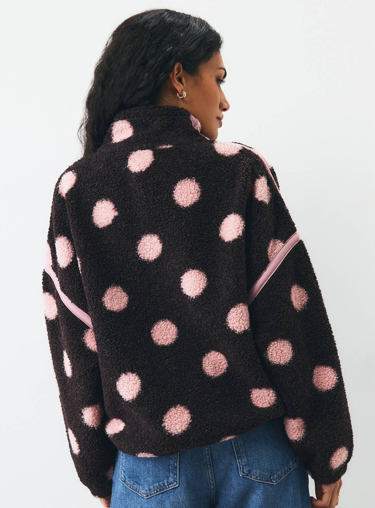 Brown Polka Dot Printed Borg Fleece Jacket XXL - Image 4