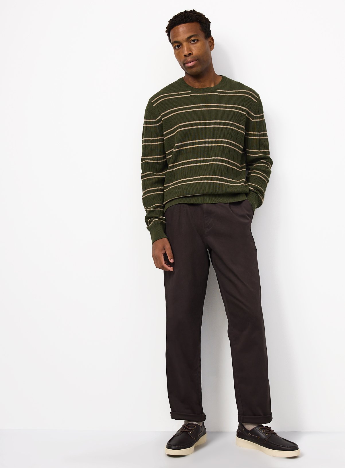 Khaki Double Stripe Crew Neck Jumper XXL - Image 2 thumbnail