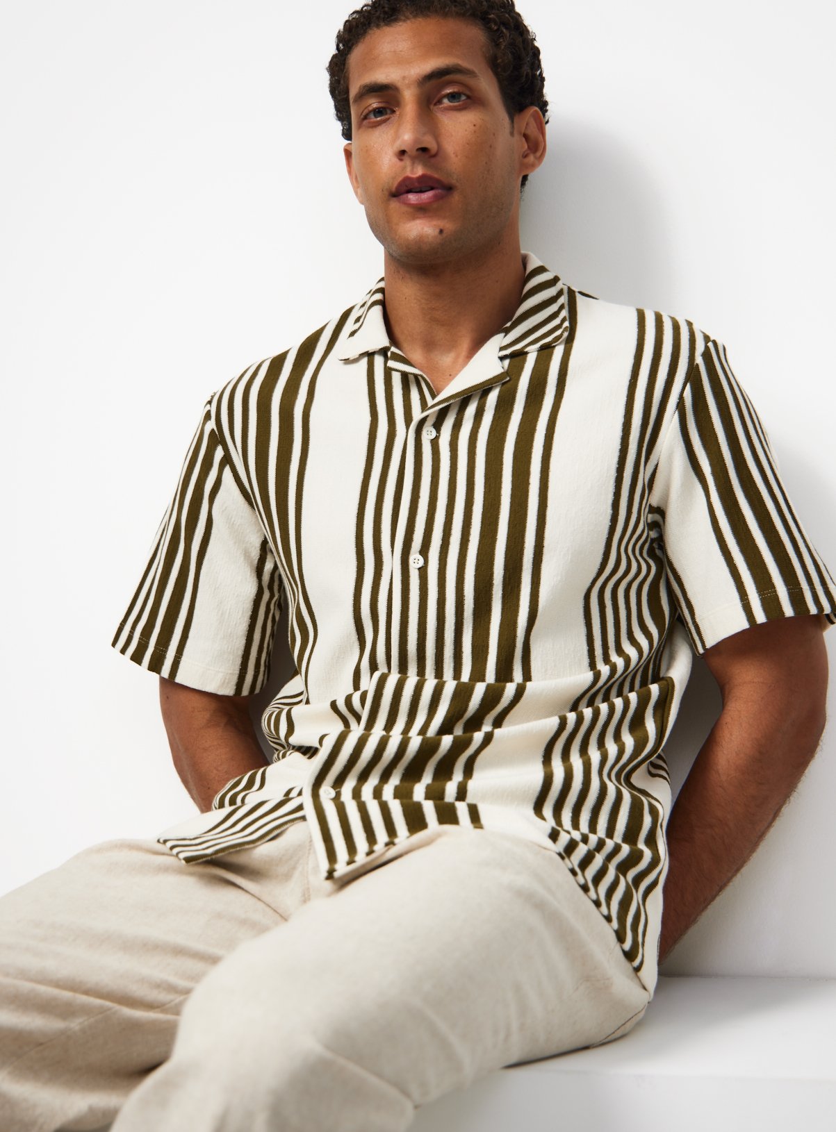 Khaki & Cream Stripe Button Through Short Sleeve Shirt XXXXL - Image 1 thumbnail