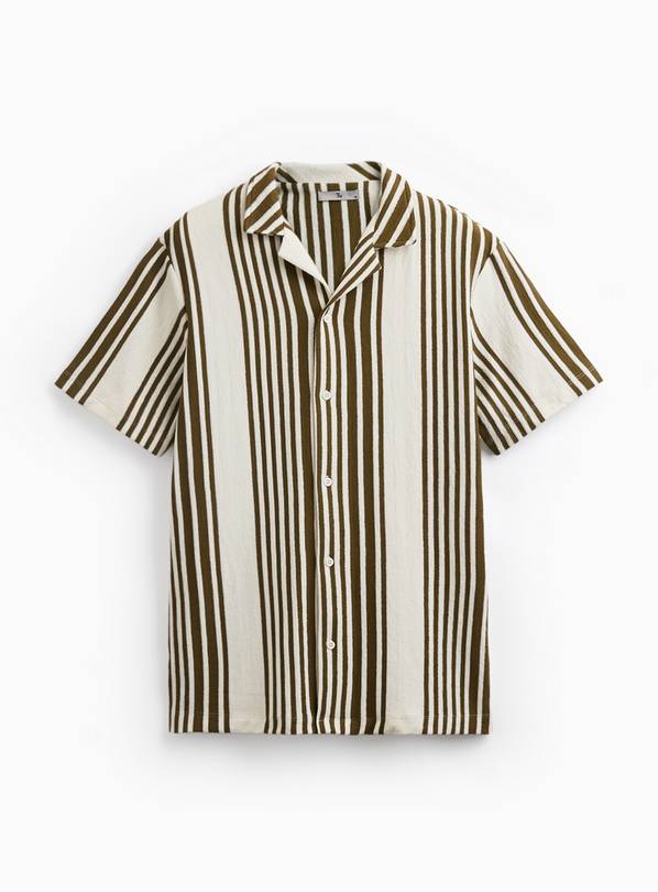 Khaki & Cream Stripe Button Through Short Sleeve Shirt XXXXL