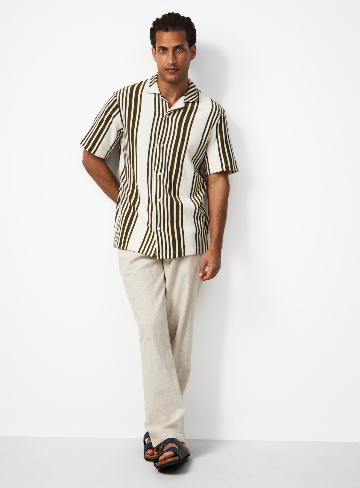 Khaki & Cream Stripe Button Through Short Sleeve Shirt XXXXL - Image 2 thumbnail