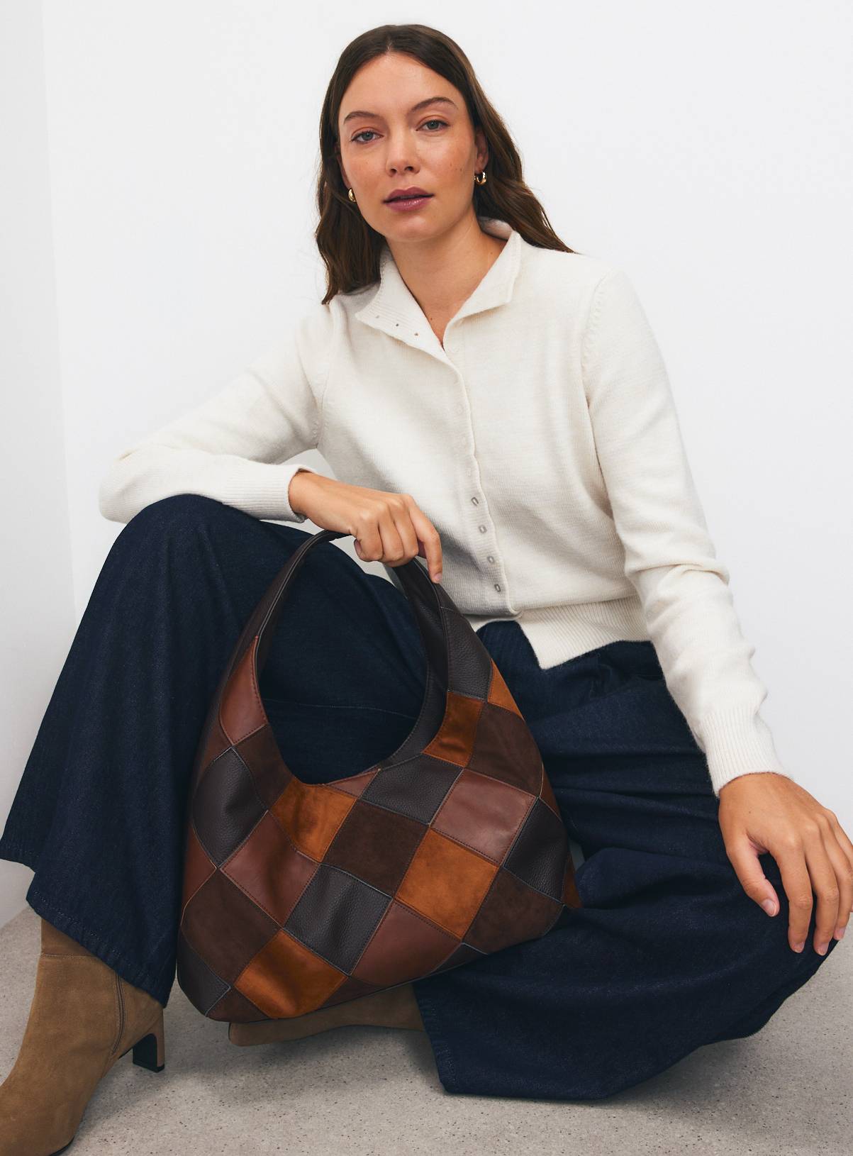 Brown Patchwork Slouch Shoulder Bag One Size - Image 2