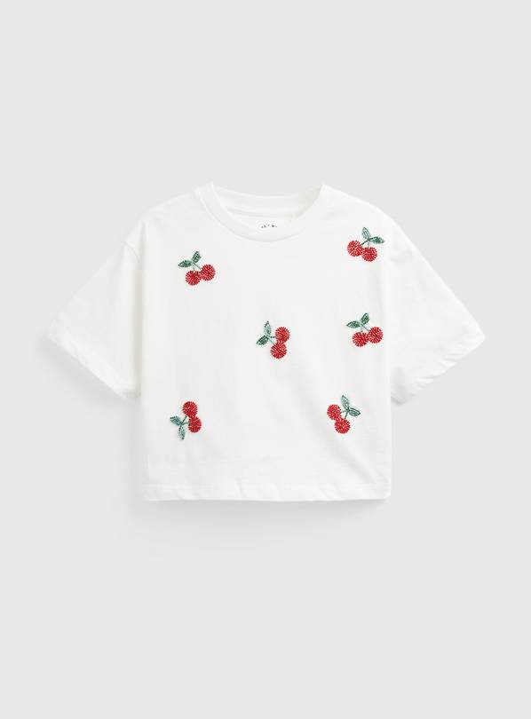 Cream Cherry Beaded Boxy T-Shirt 9 years