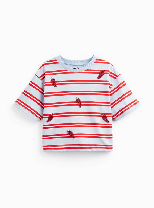 Blue & Red Stripe Chilli Embroidered Boxy T-Shirt 6 years
