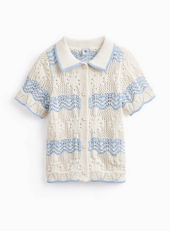 Cream Stripe Print Crochet Knitted Polo Shirt 9 years