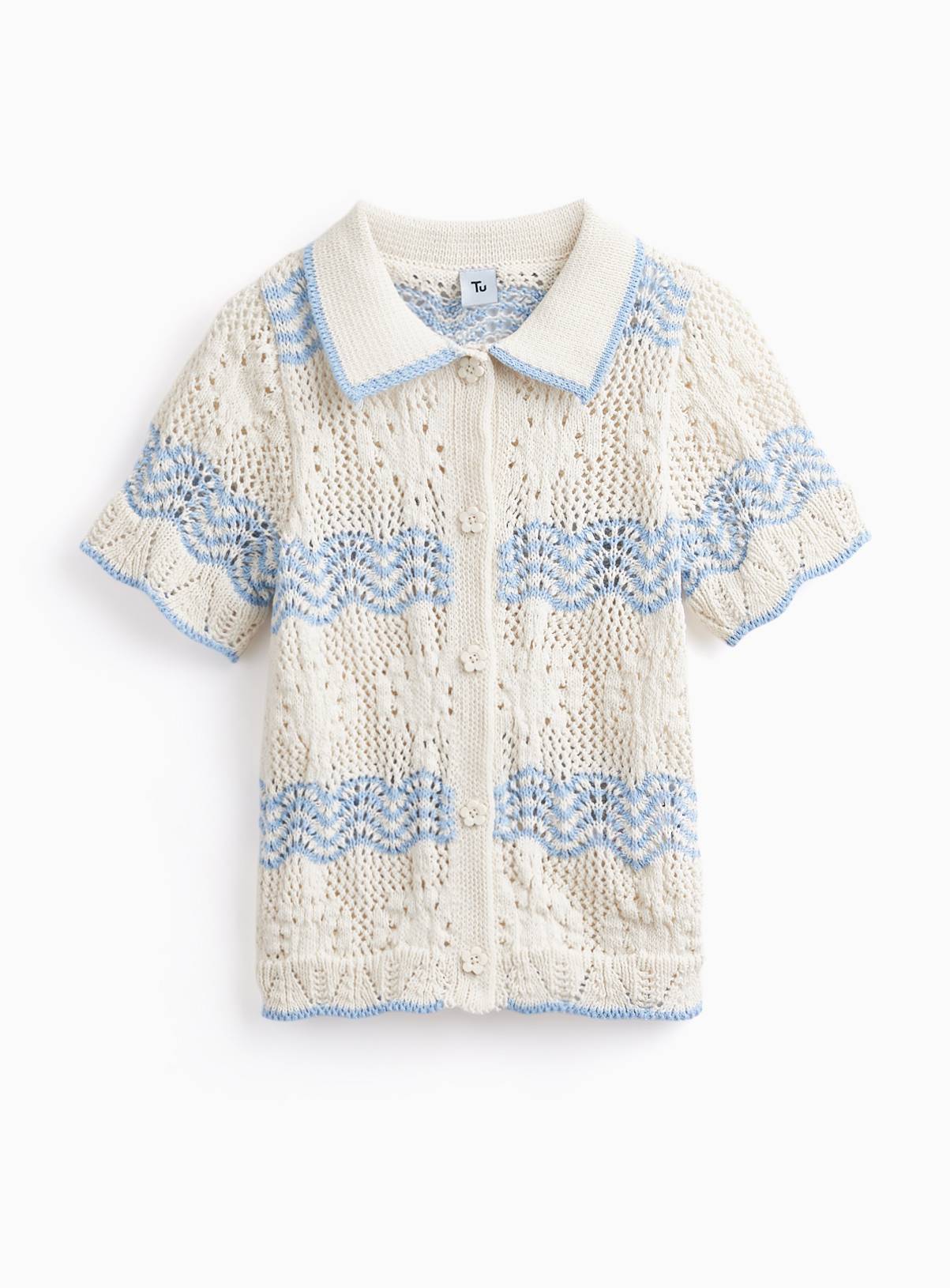 Cream Stripe Print Crochet Knitted Polo Shirt 8 years - Image 1
