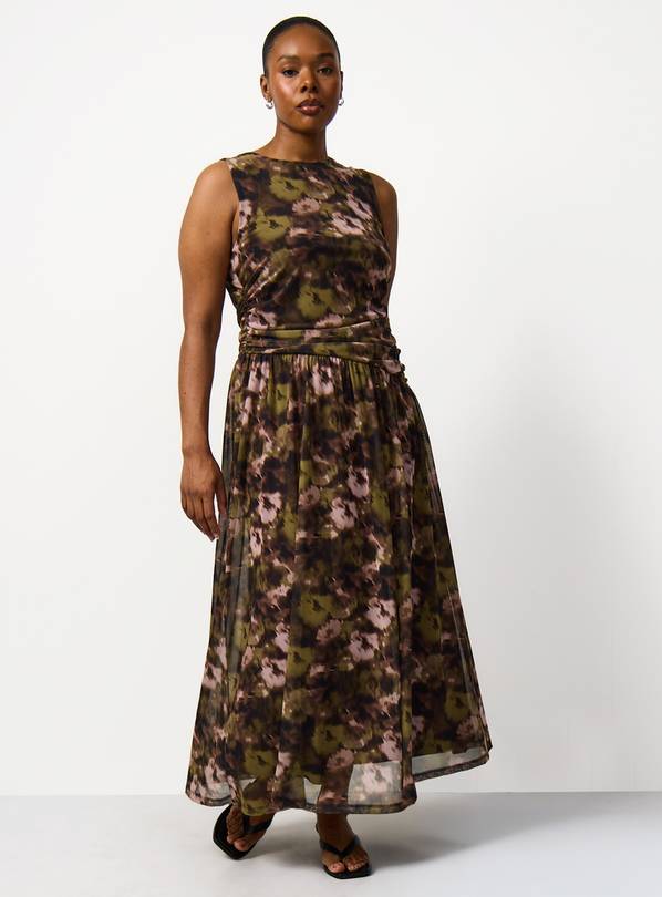 Green Floral Print Mesh Sleeveless Dress 18