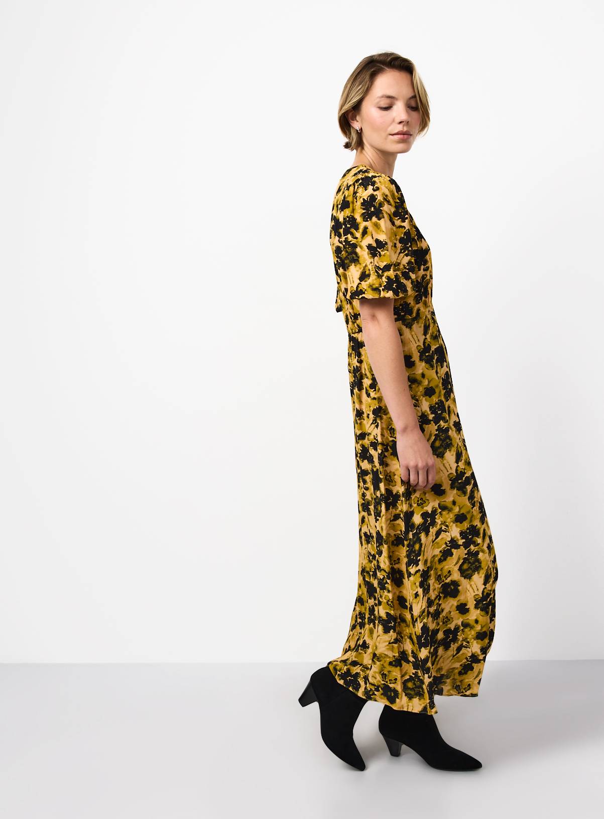 Yellow & Black Floral Print Midi Dress 20 - Image 2