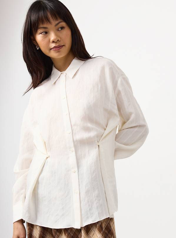White Cinched Waist Shadow Stripe Shirt 24