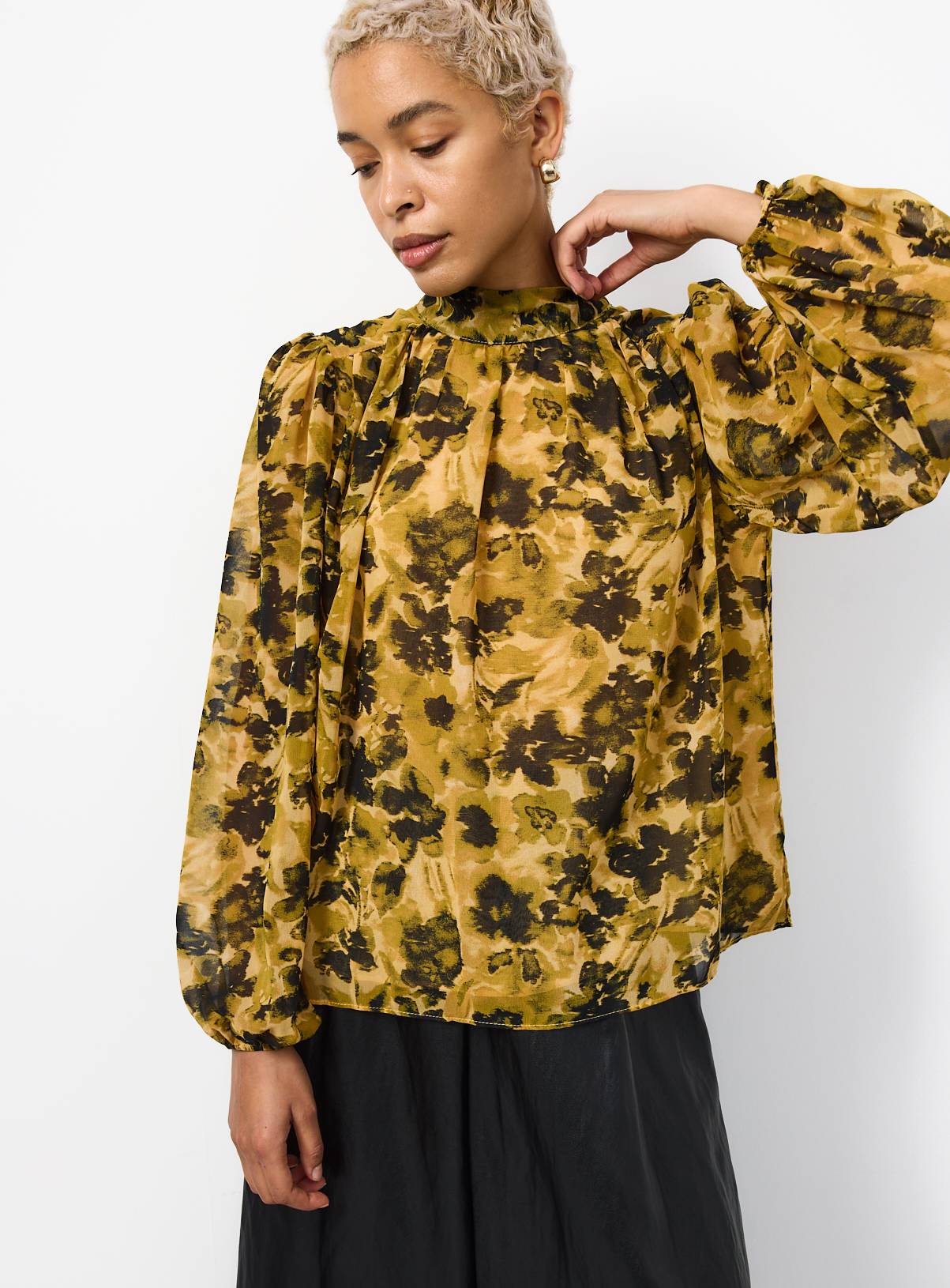 Yellow & Black Floral Print Funnel Neck Shirt 16 - Image 1