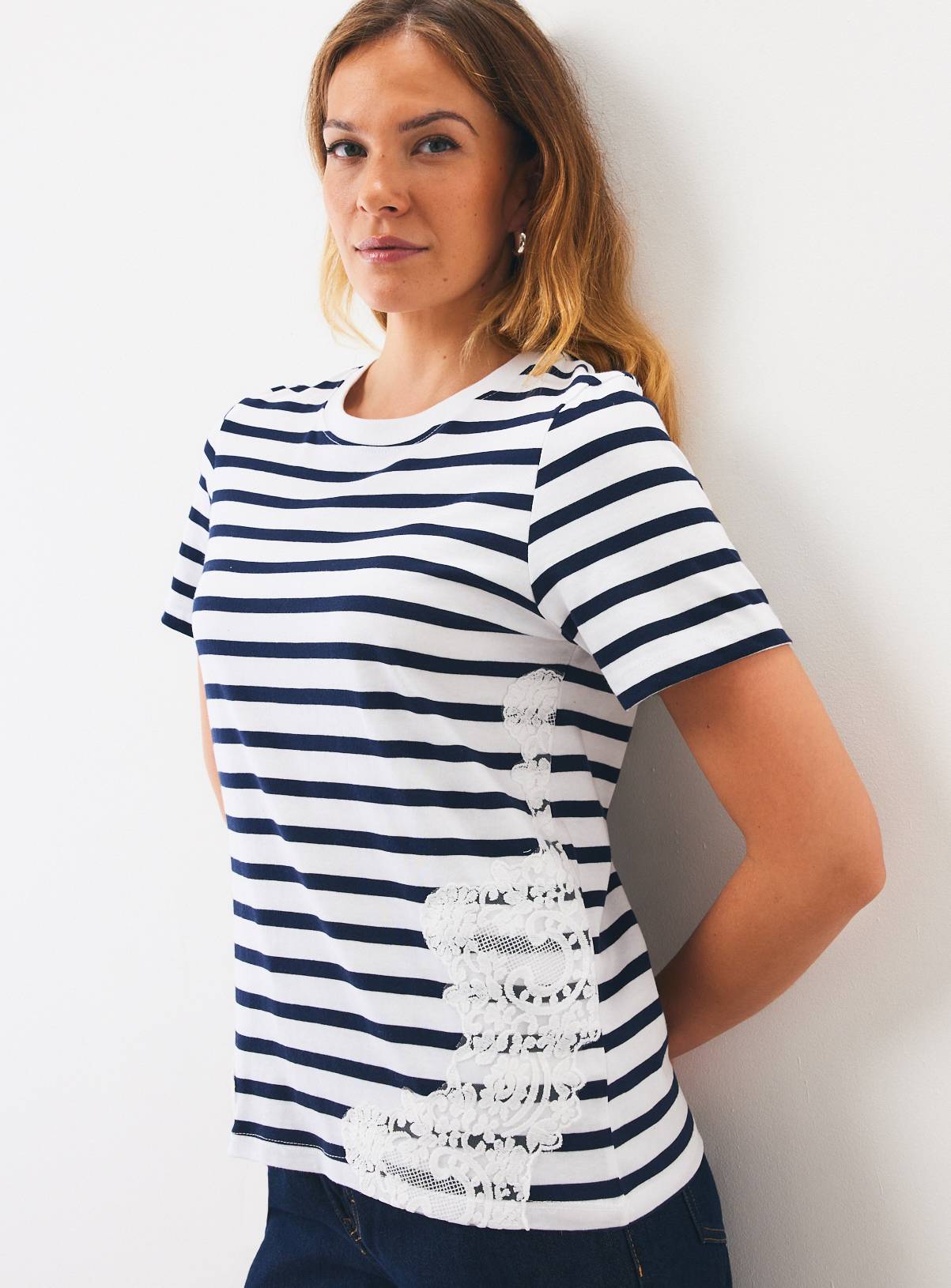 Navy Stripe Lace Detail T-Shirt 16 - Image 2