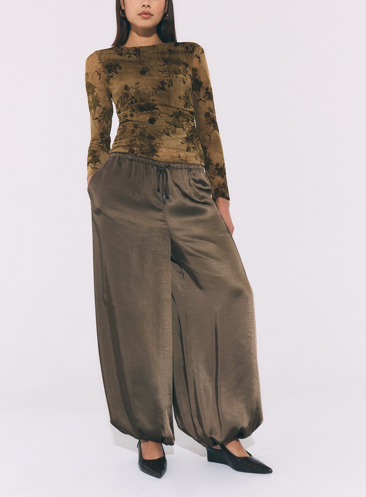 Khaki Satin Balloon Leg Trousers 10 - Image 1 thumbnail