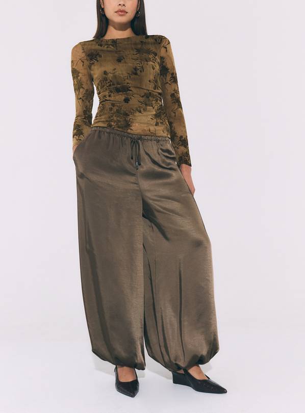 Khaki Satin Balloon Leg Trousers 10