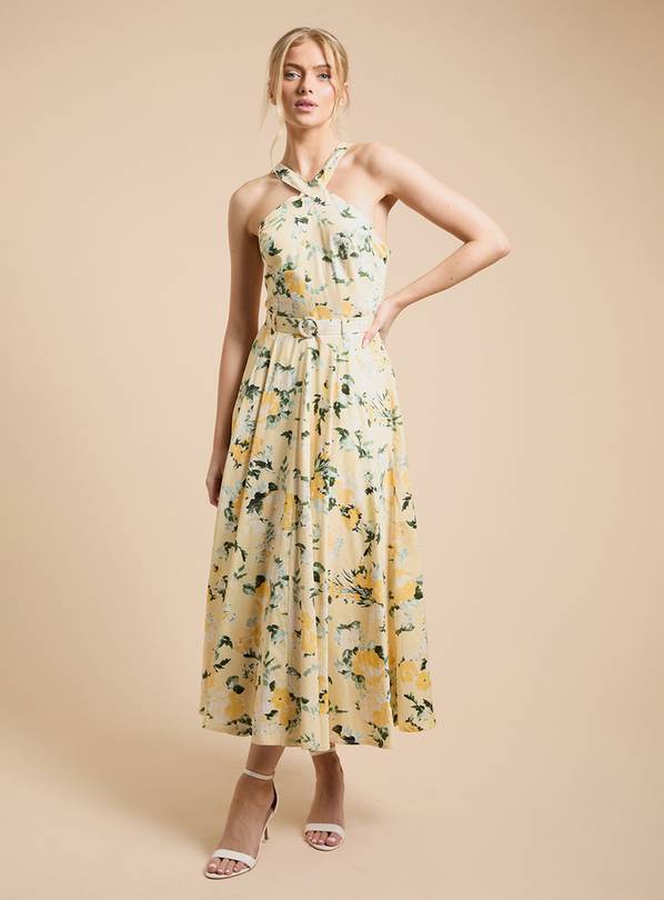 OASIS Lemon Floral Halter Cotton Poplin Midi Dress 8