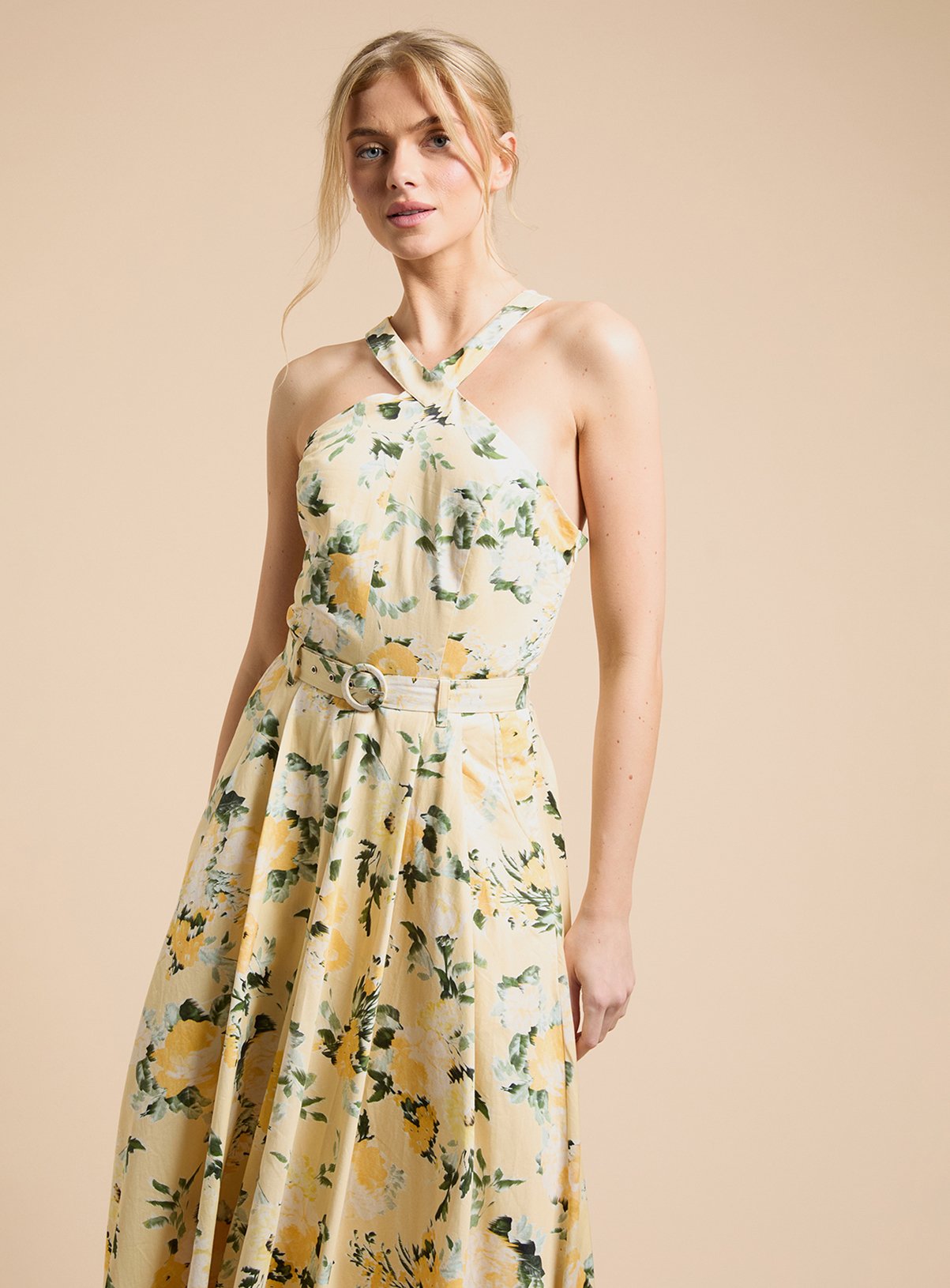 OASIS Lemon Floral Halter Cotton Poplin Midaxi Dress 14 - Image 2 thumbnail