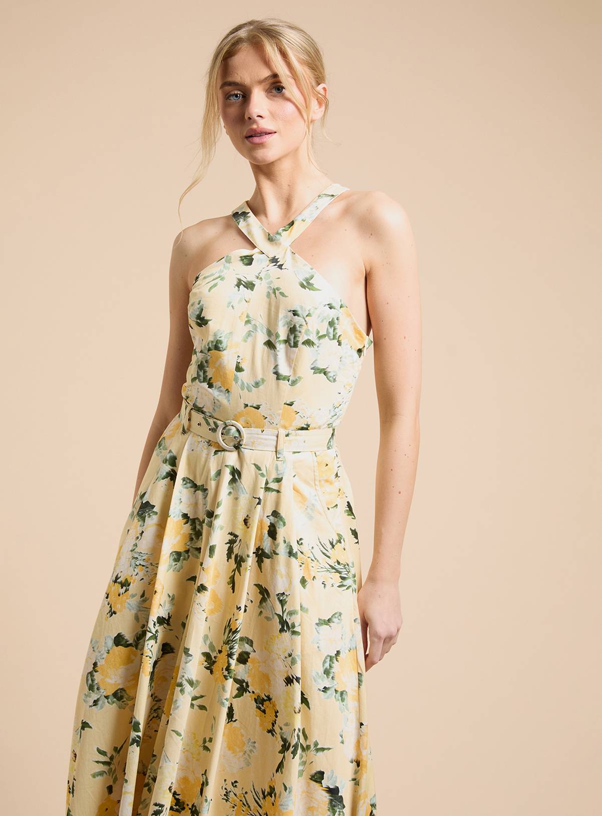 OASIS Lemon Floral Halter Cotton Poplin Midaxi Dress 14 - Image 2
