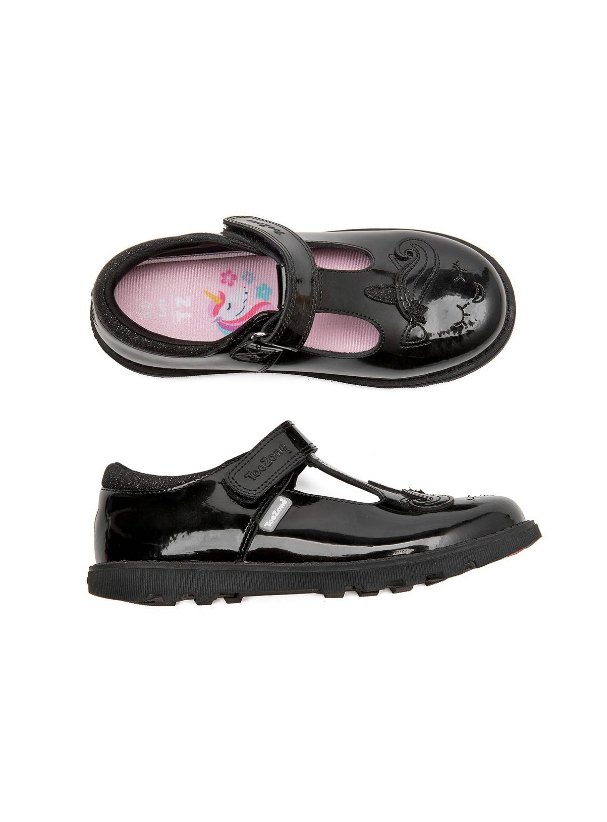 TOEZONE Lilo Girls Black Patent Rip Tape Unicorn School Shoe 10 Infant - Image 5