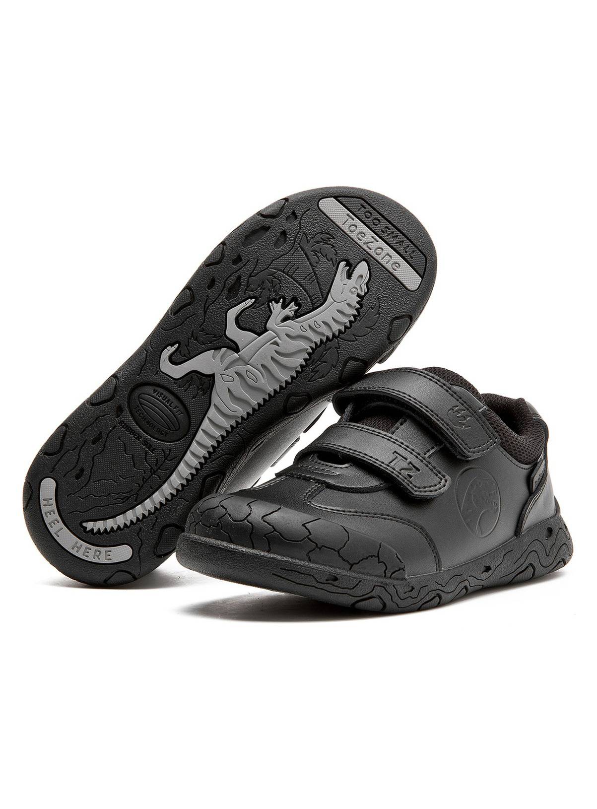 TOEZONE Caleb Boys Rubber Rip Tape Black Dinosaur School Shoes 1 - Image 1