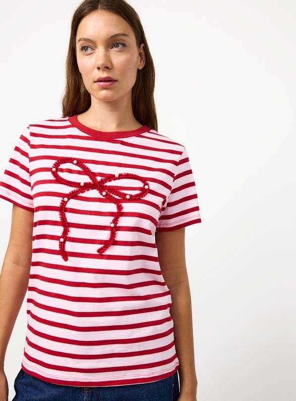 Pink Bow Appliqué Regular Fit Stripe T-Shirt 20
