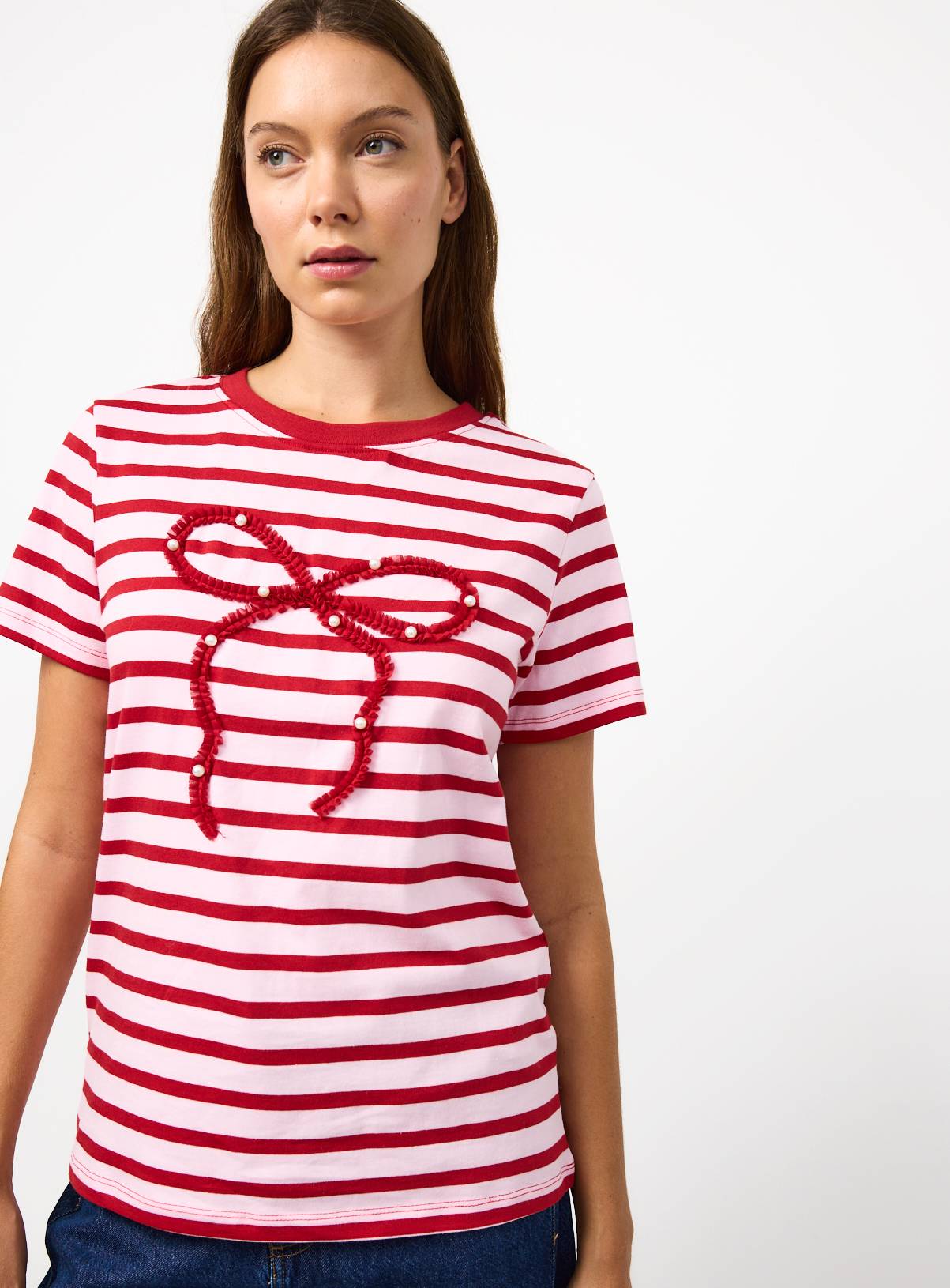 Pink Bow Appliqué Regular Fit Stripe T-Shirt 12 - Image 1
