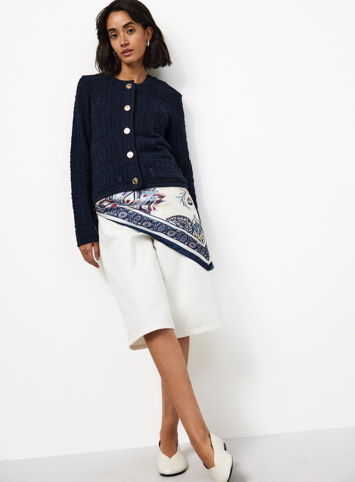 Navy Patchwork Knitted Cardigan L - Image 2 thumbnail