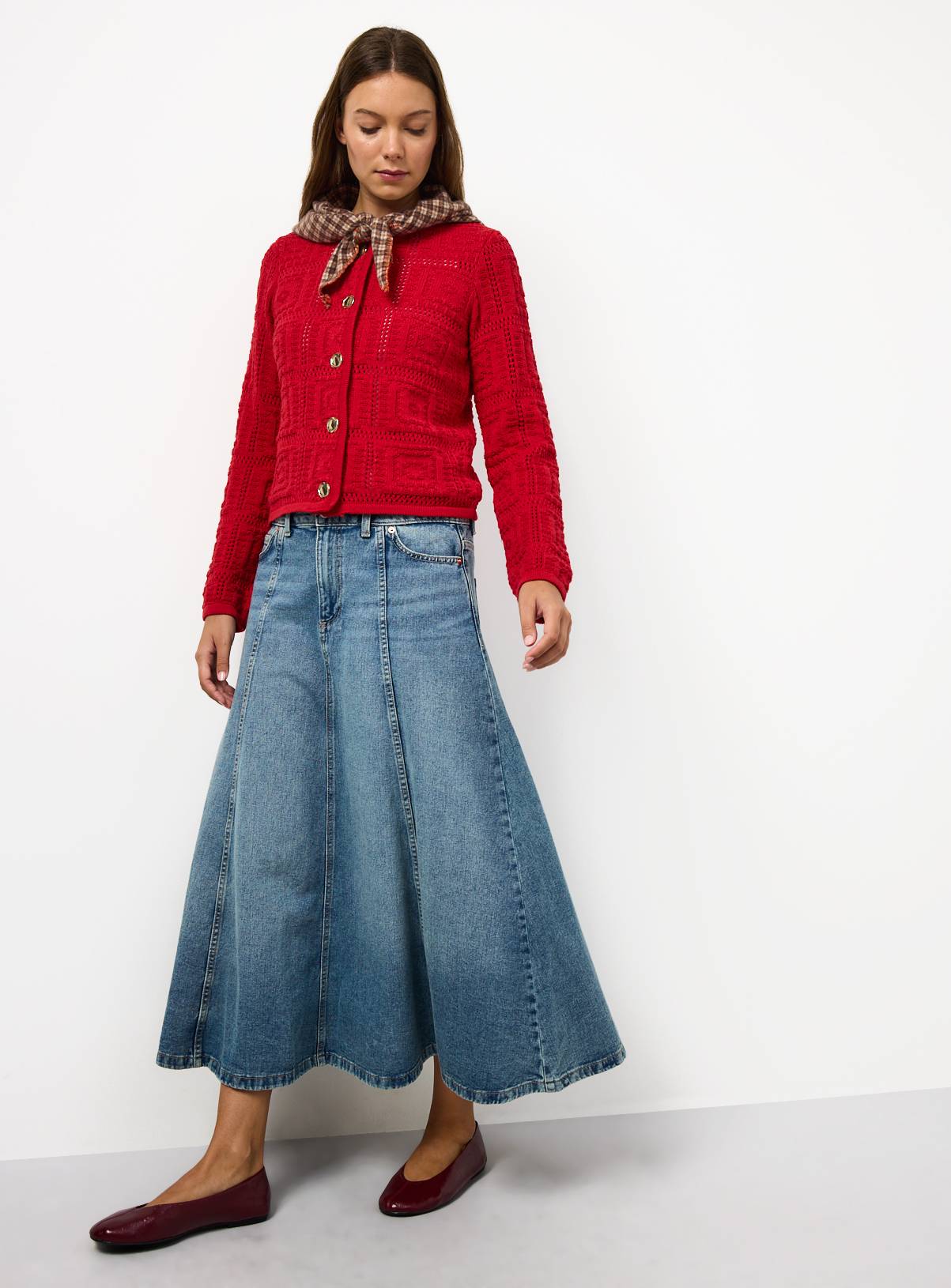 Red Patchwork Knitted Cardigan L - Image 2