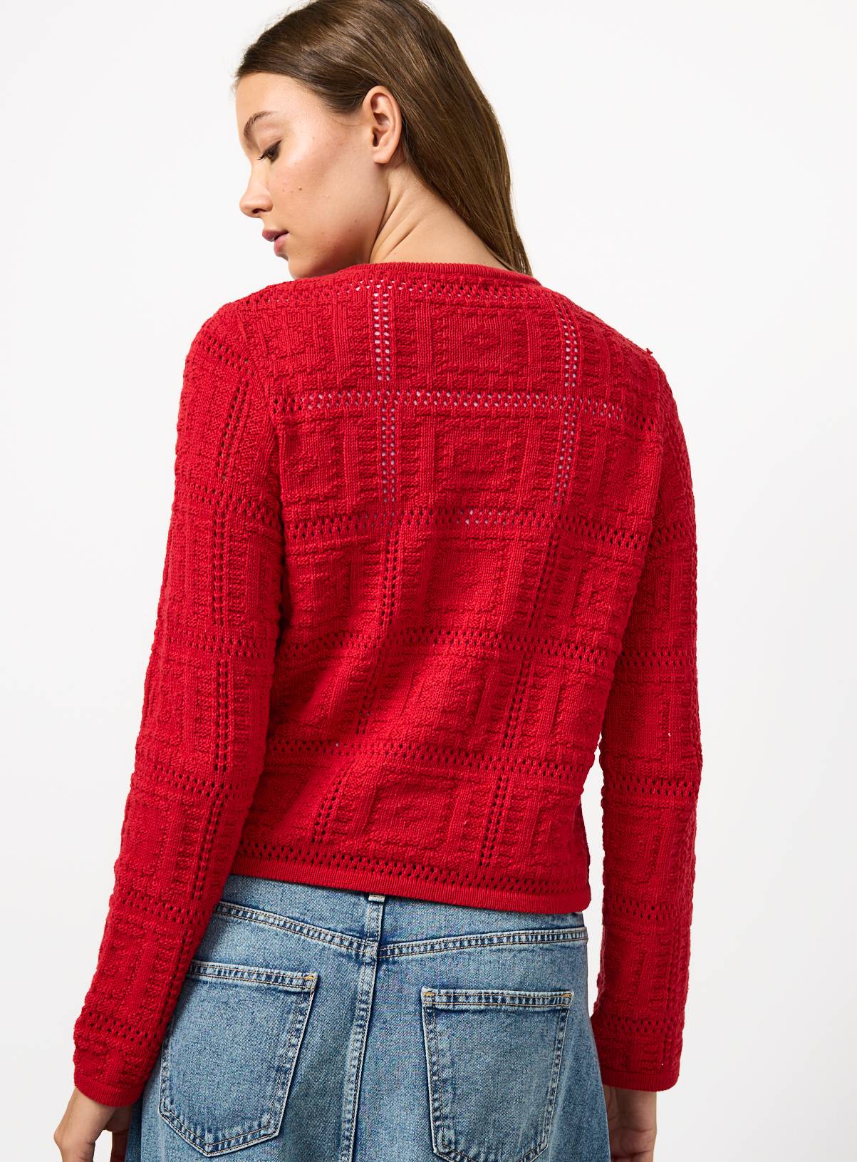 Red Patchwork Knitted Cardigan L - Image 4