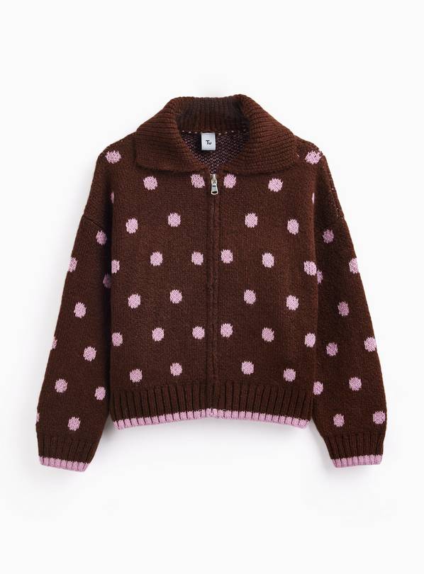 Brown Polka Dot Zip Cardigan 7 years