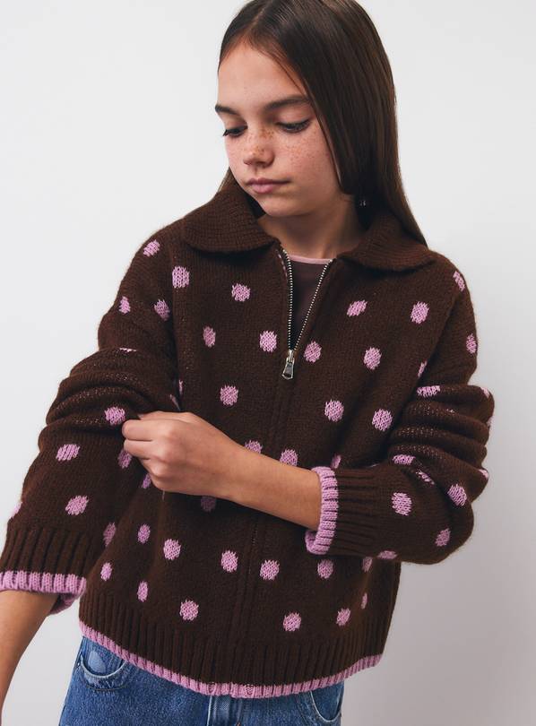 Brown Polka Dot Zip Cardigan 14 years