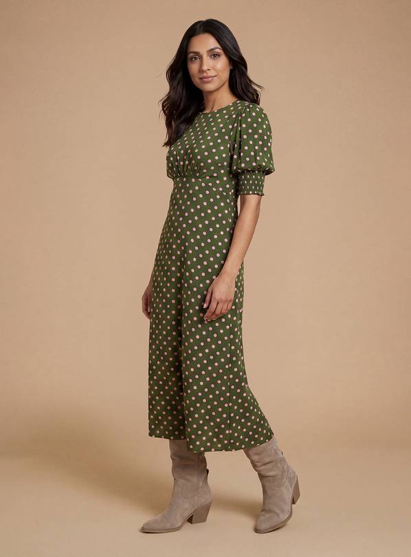 DOROTHY PERKINS Petite Pink Spot Shirred Cuff Midi Dress 14