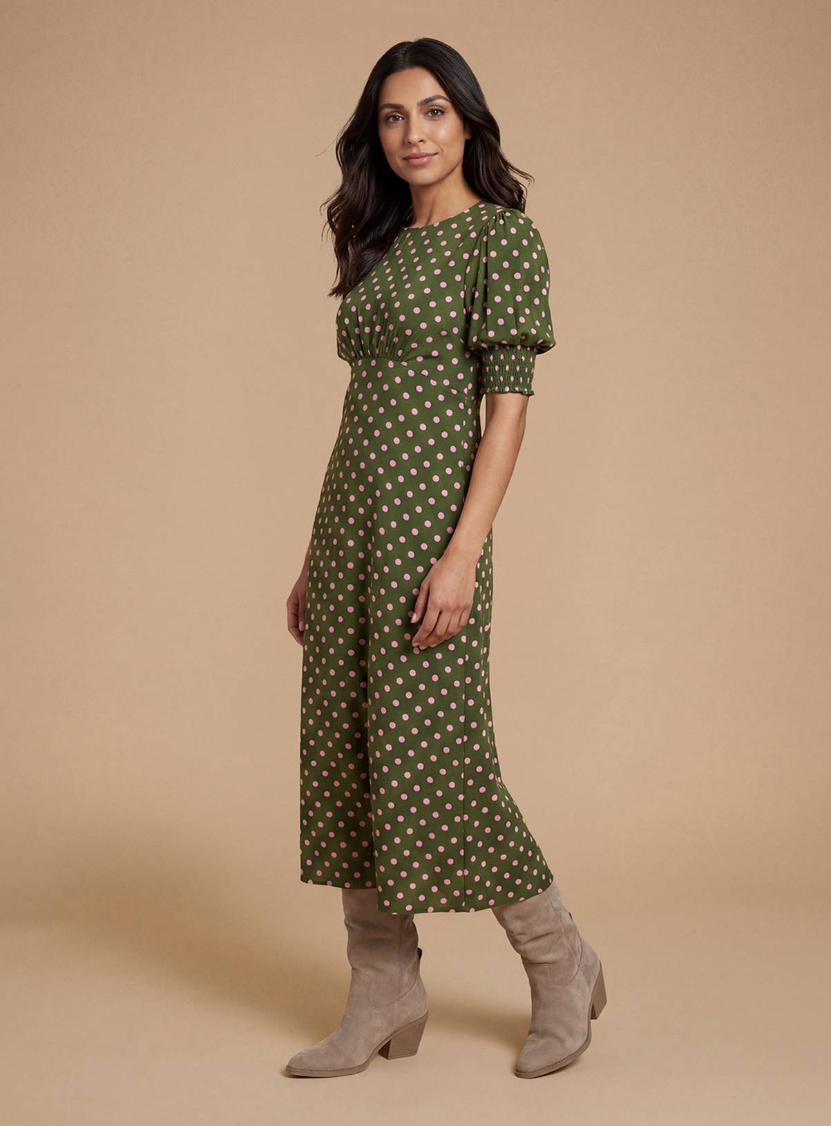 DOROTHY PERKINS Petite Pink Spot Shirred Cuff Midi Dress 14 - Image 1