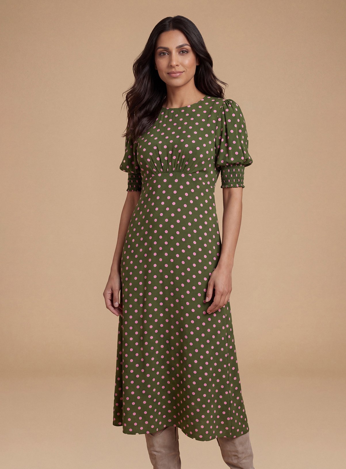 DOROTHY PERKINS Petite Pink Spot Shirred Cuff Midi Dress 14 - Image 2 thumbnail