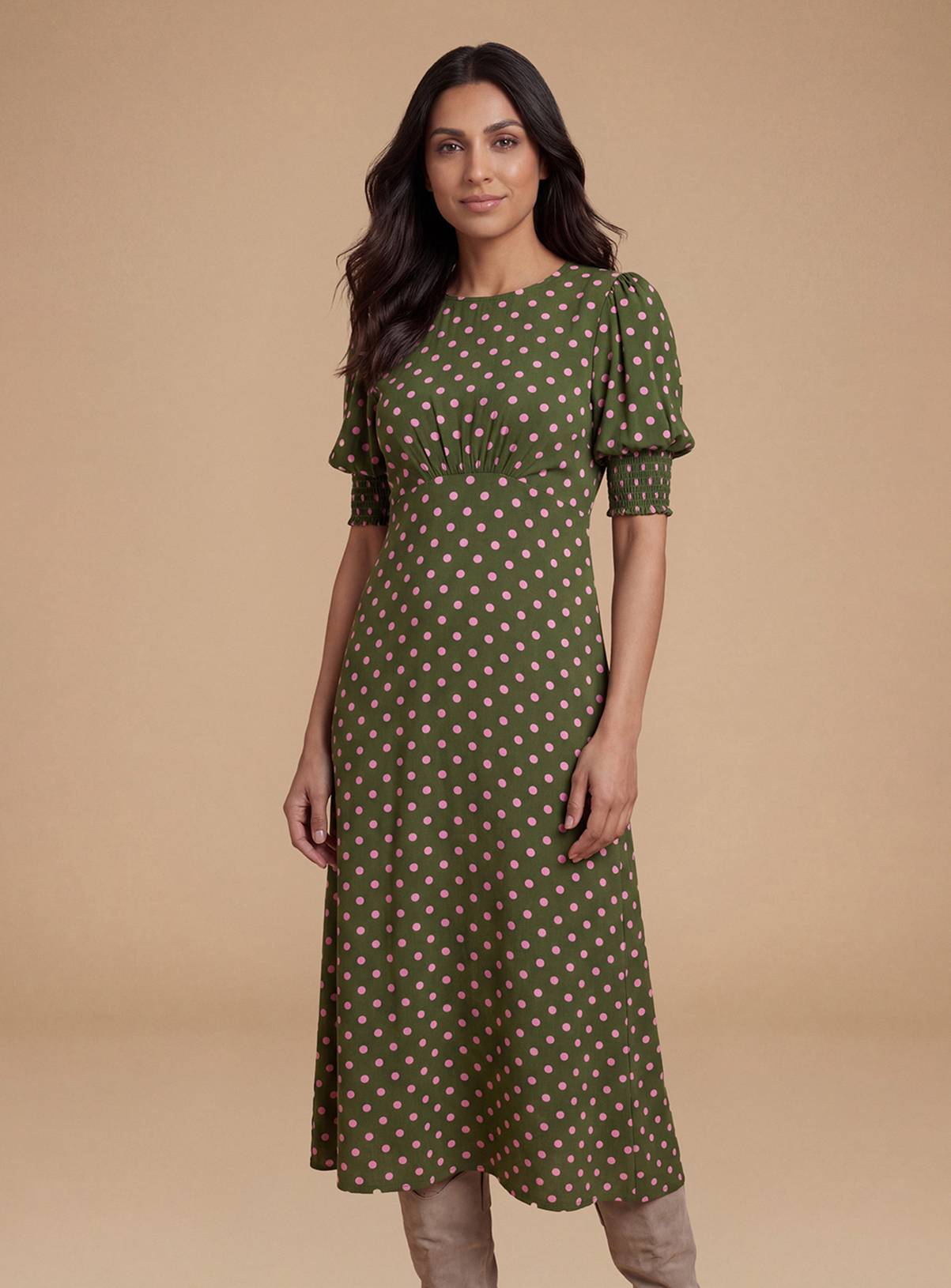 DOROTHY PERKINS Petite Pink Spot Shirred Cuff Midi Dress 14 - Image 2