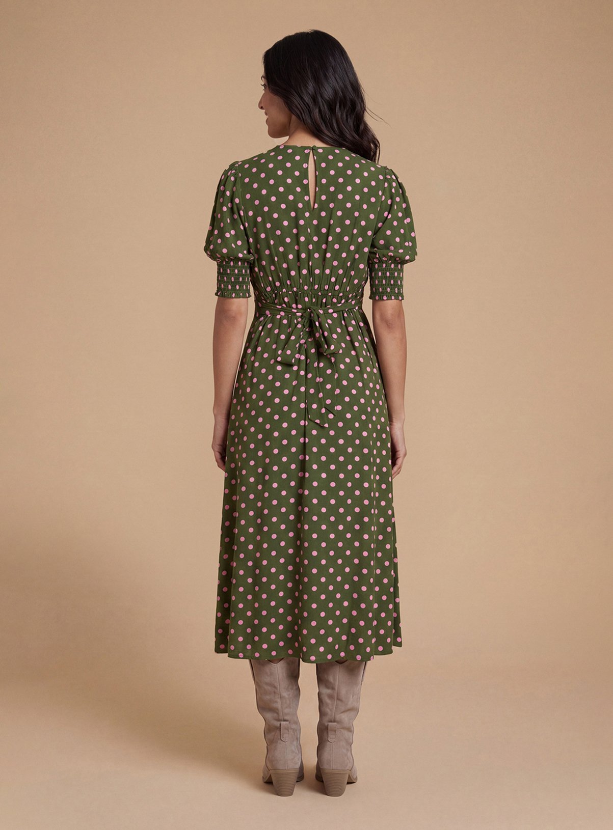 DOROTHY PERKINS Petite Pink Spot Shirred Cuff Midi Dress 14 - Image 3 thumbnail