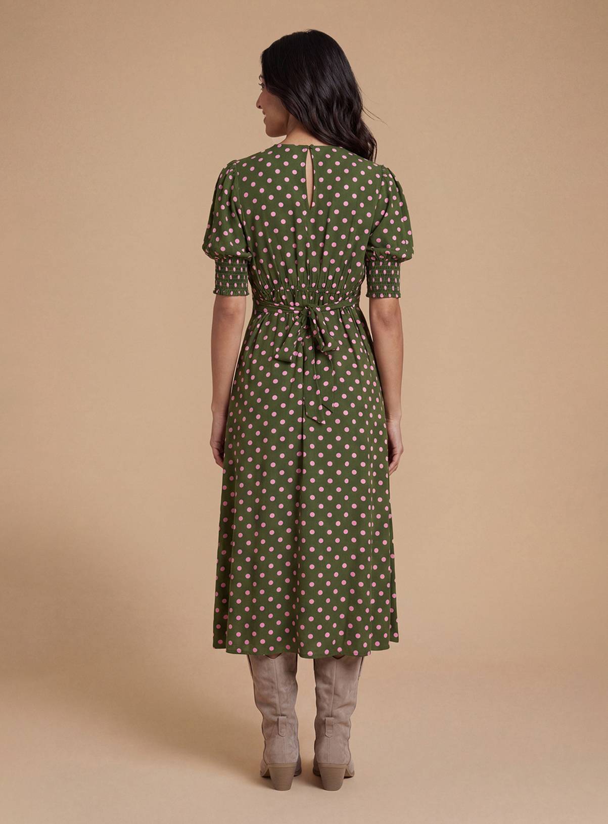 DOROTHY PERKINS Petite Pink Spot Shirred Cuff Midi Dress 14 - Image 3