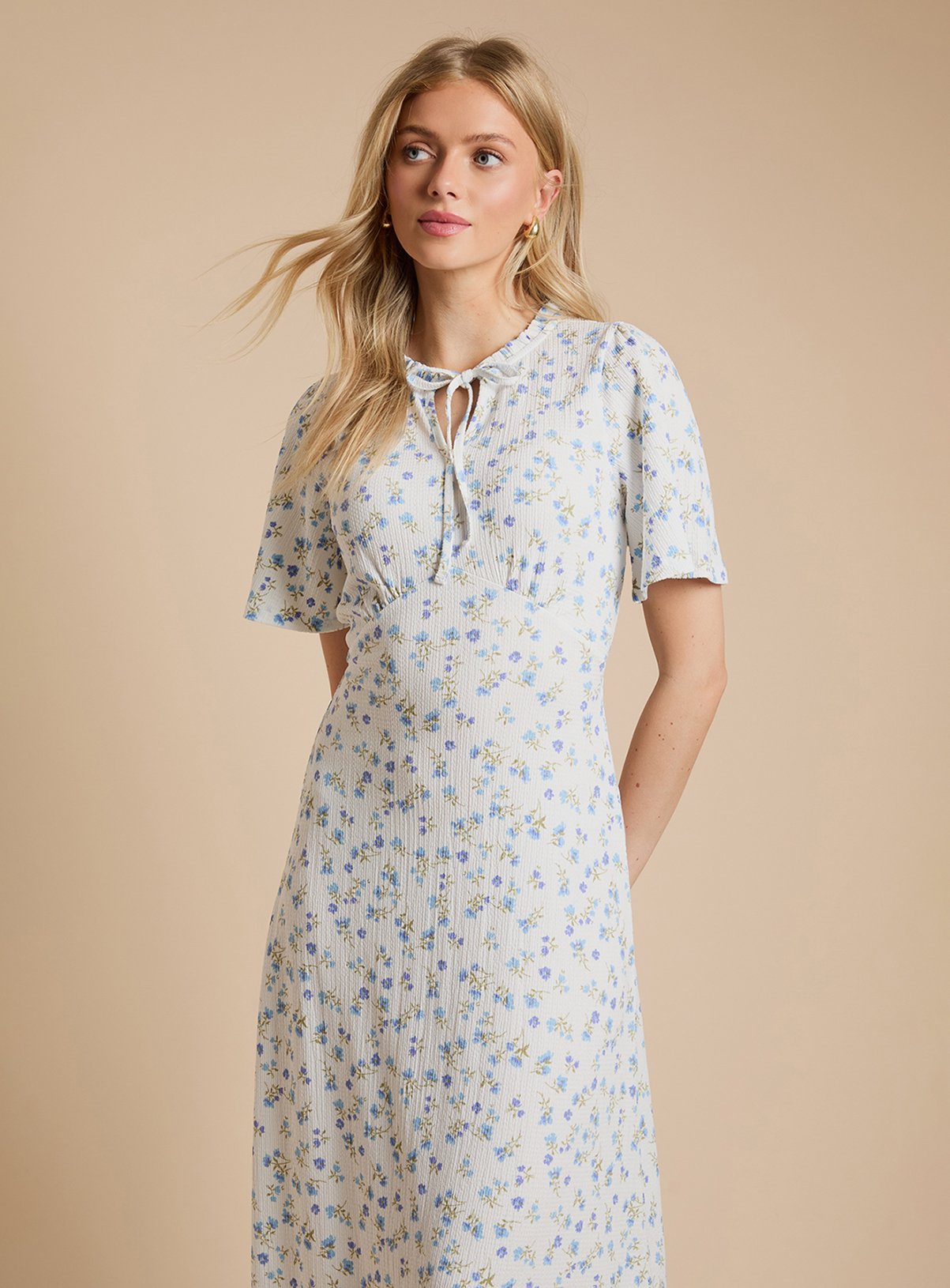 DOROTHY PERKINS Cream Ditsy Tie Front Flutter Sleeve Printed Jersey Midi Dress 12 - Image 2 thumbnail