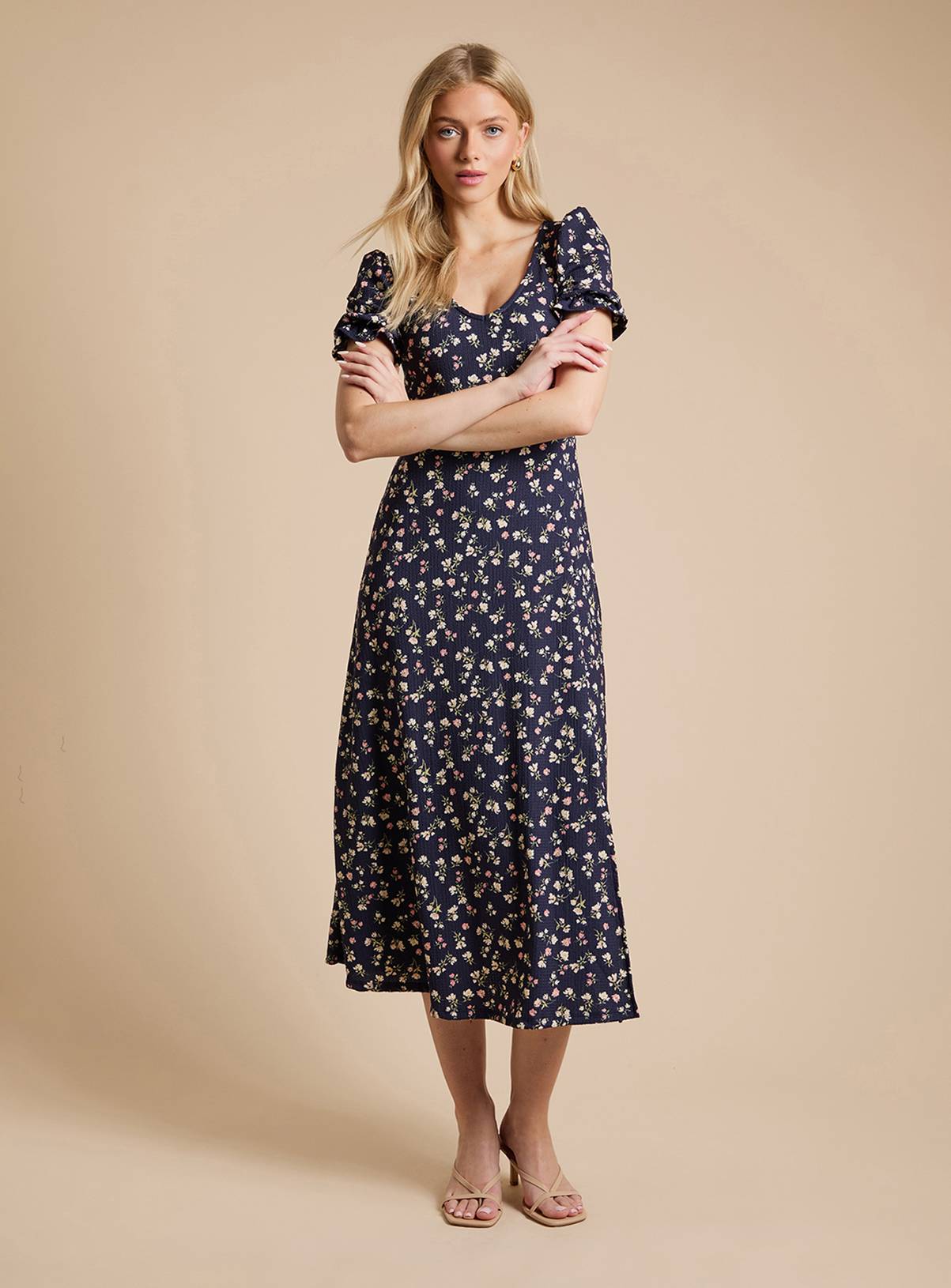DOROTHY PERKINS Navy Ditsy Short Sleeve Jersey Midi Dress 14 - Image 1