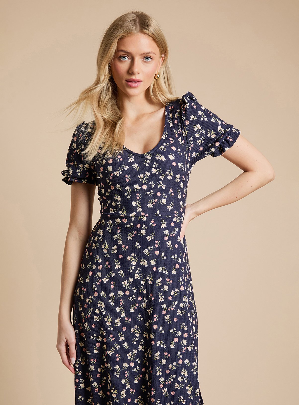 DOROTHY PERKINS Navy Ditsy Short Sleeve Jersey Midi Dress 14 - Image 2 thumbnail
