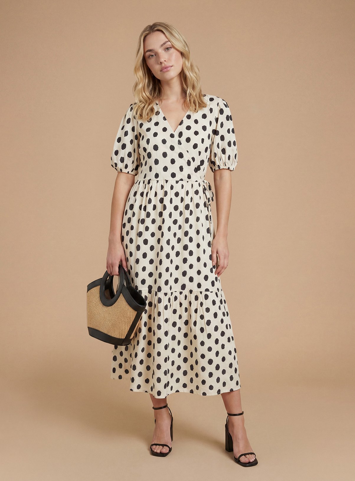 Buy DOROTHY PERKINS Mono Spot Wrap Front Puff Sleeve Tiered Midaxi
