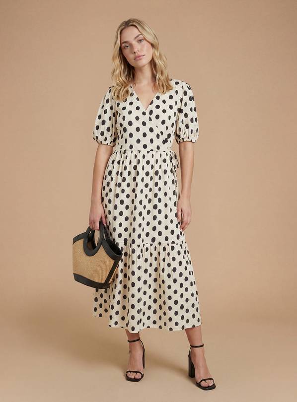 DOROTHY PERKINS Mono Spot Wrap Front Puff Sleeve Tiered Midaxi Dress 12