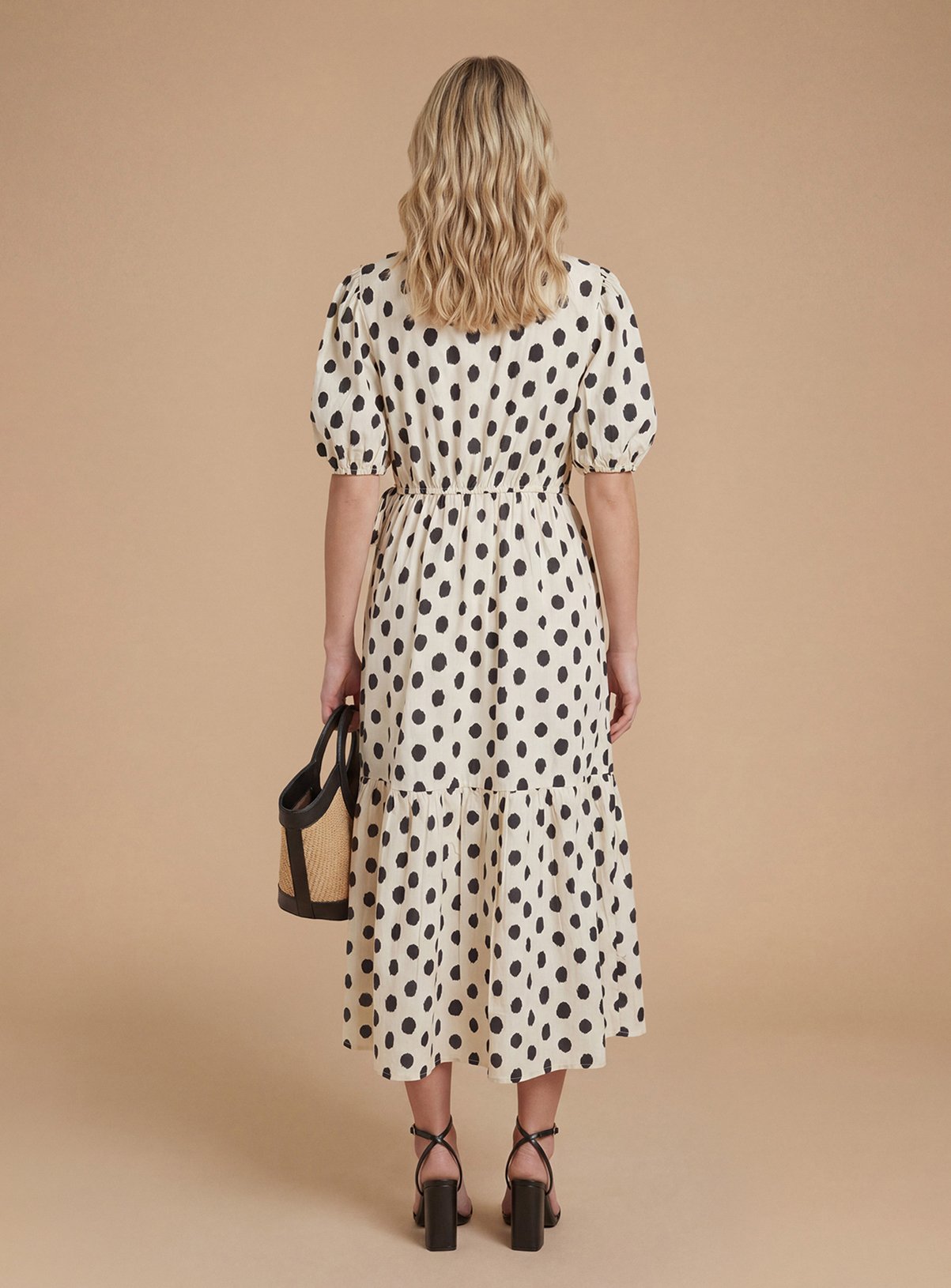 DOROTHY PERKINS Mono Spot Wrap Front Puff Sleeve Tiered Midaxi Dress 10 - Image 2 thumbnail