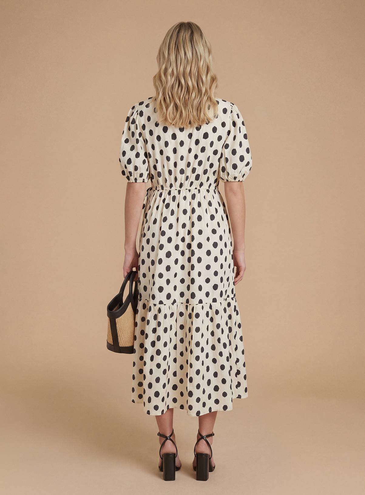 DOROTHY PERKINS Mono Spot Wrap Front Puff Sleeve Tiered Midaxi Dress 10 - Image 2