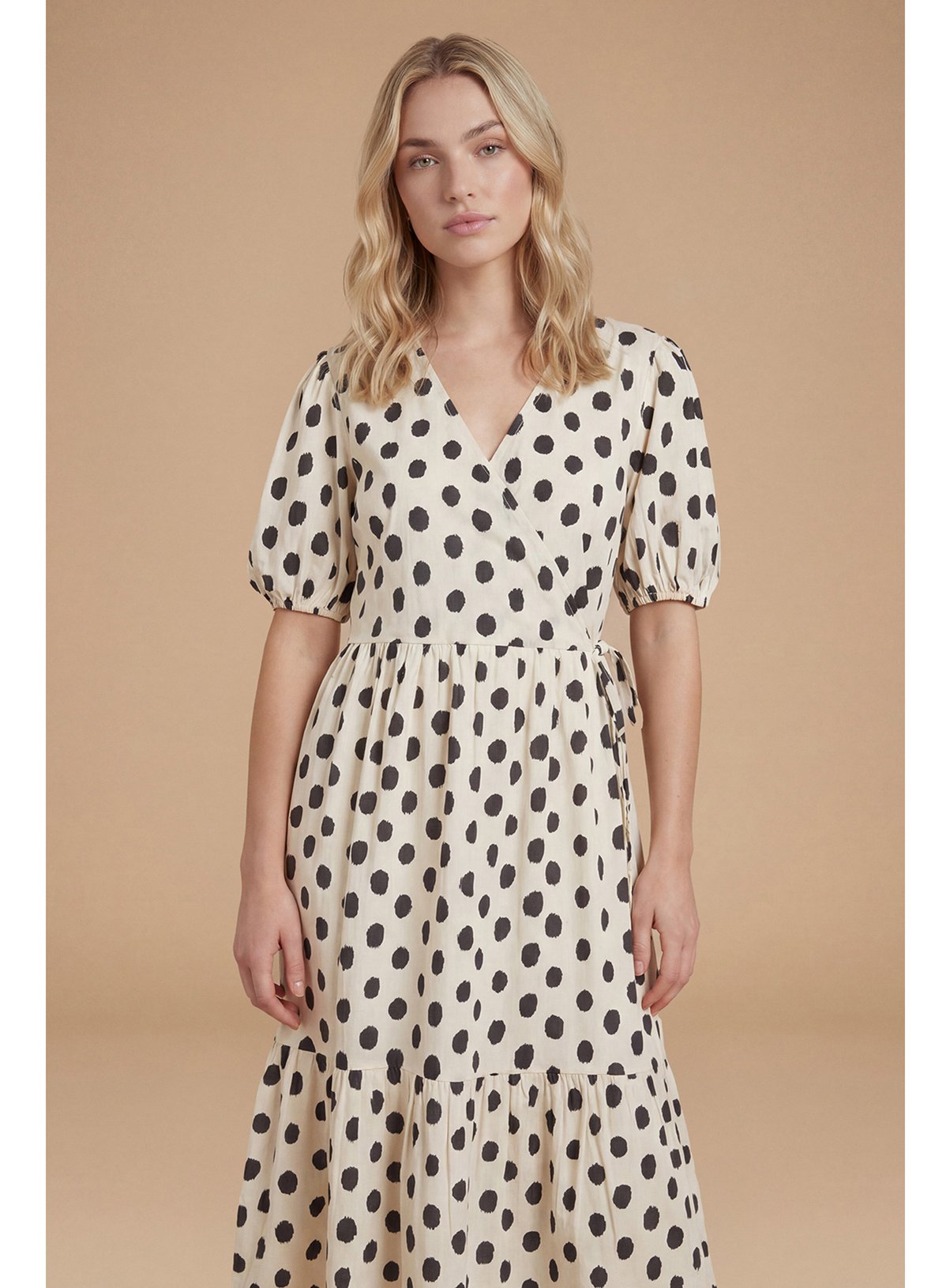 DOROTHY PERKINS Mono Spot Wrap Front Puff Sleeve Tiered Midaxi Dress 10 - Image 3 thumbnail