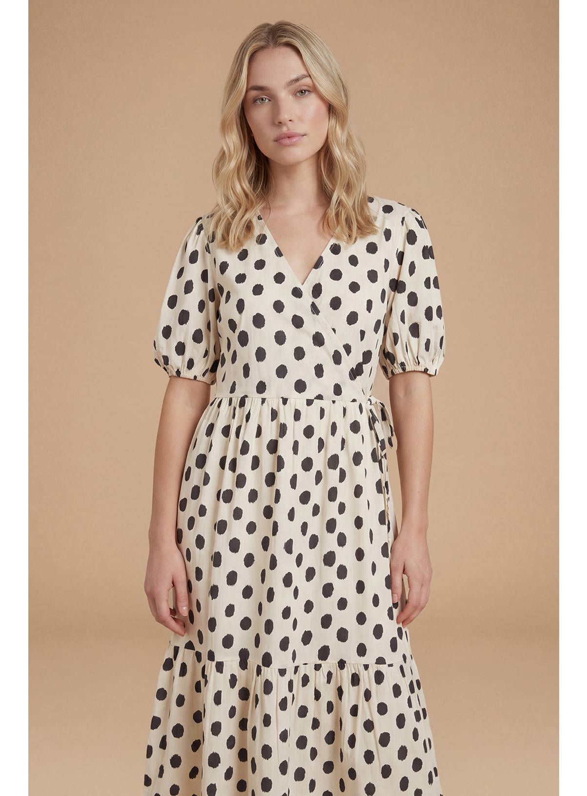 DOROTHY PERKINS Mono Spot Wrap Front Puff Sleeve Tiered Midaxi Dress 10 - Image 3