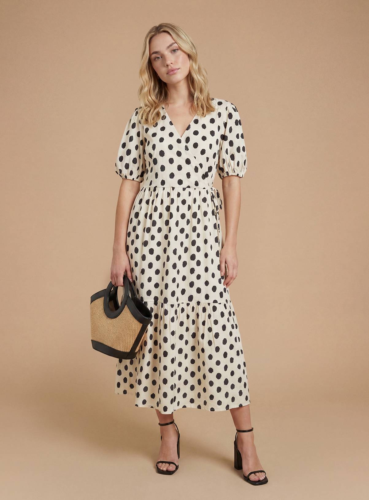 DOROTHY PERKINS Mono Spot Wrap Front Puff Sleeve Tiered Midaxi Dress 10 - Image 4