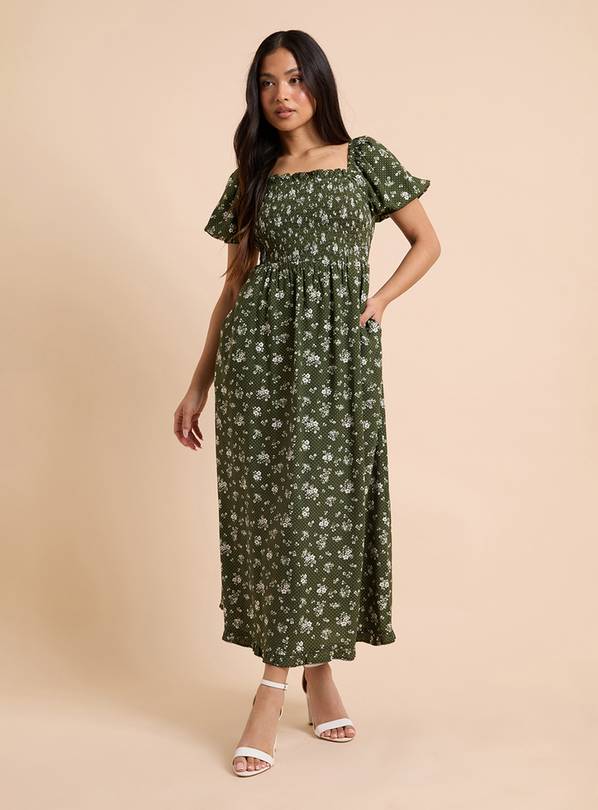 DOROTHY PERKINS Petite Mono Floral Shirred Bodice Trim Detail Midaxi Dress 16