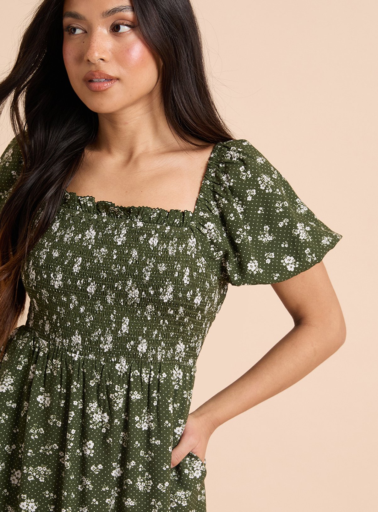 DOROTHY PERKINS Petite Mono Floral Shirred Bodice Trim Detail Midaxi Dress 18 - Image 2 thumbnail