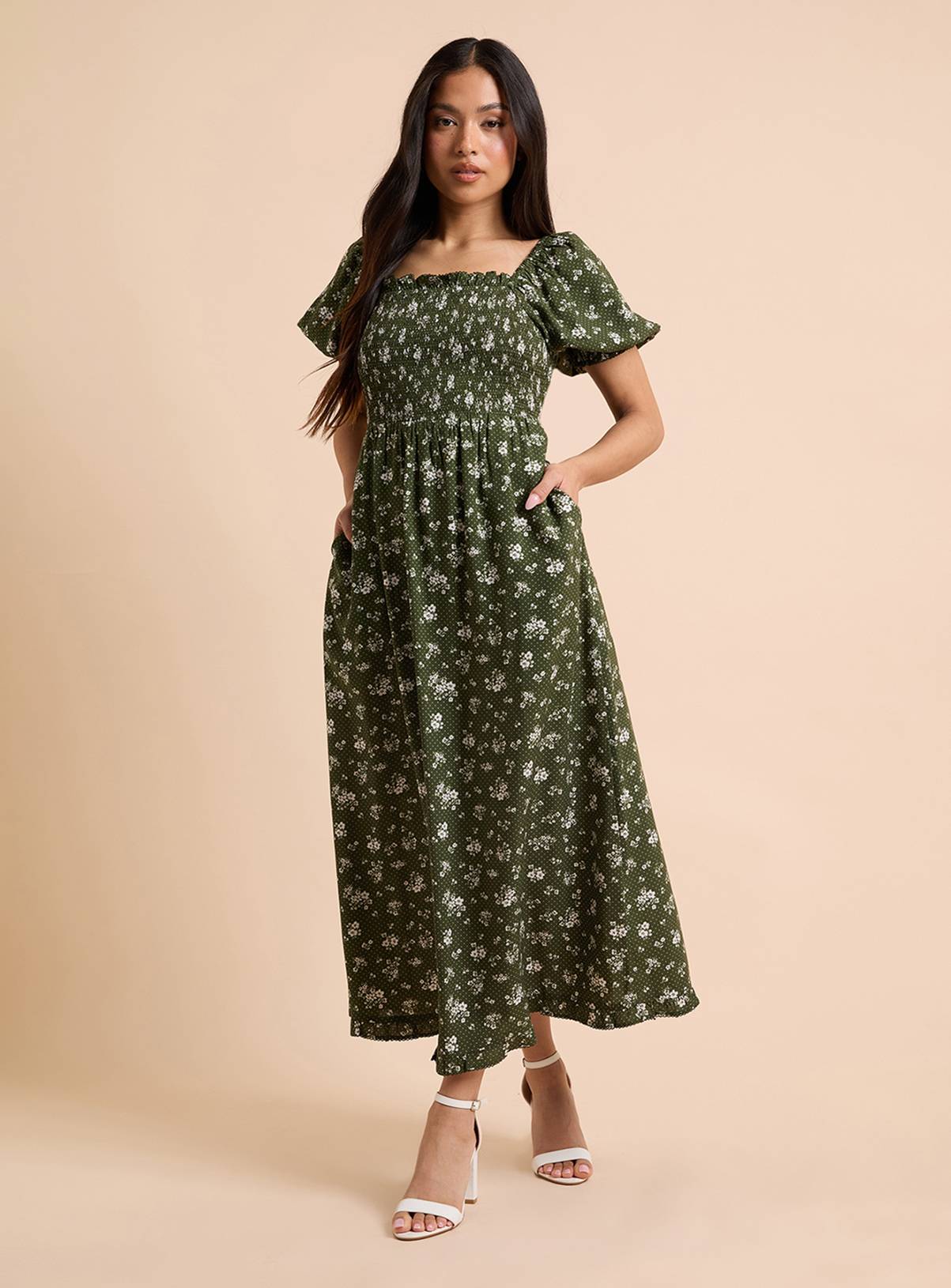DOROTHY PERKINS Petite Mono Floral Shirred Bodice Trim Detail Midaxi Dress 18 - Image 4